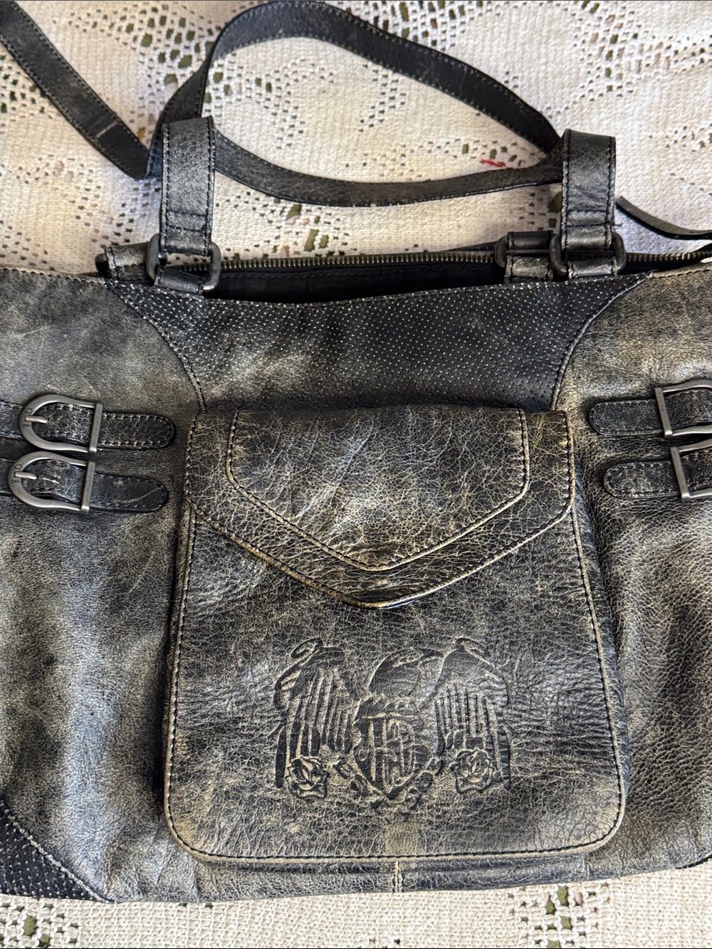 Harley-Davidson Distressed Black Leather Messenger Bag with Embossed Crest